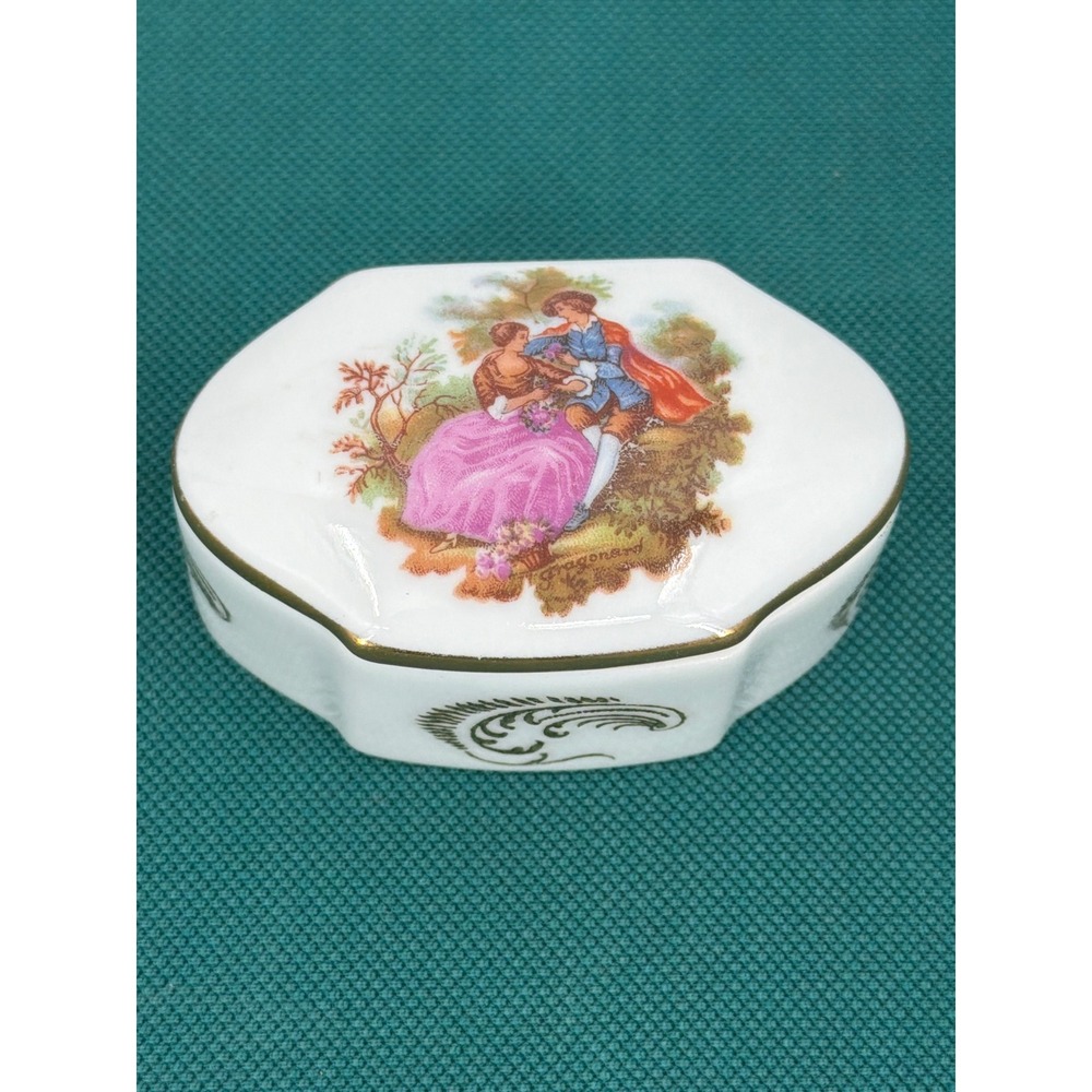R Sechet Limoges France Porcelain Trinket Box Fragonard Courting Couple Hexagon